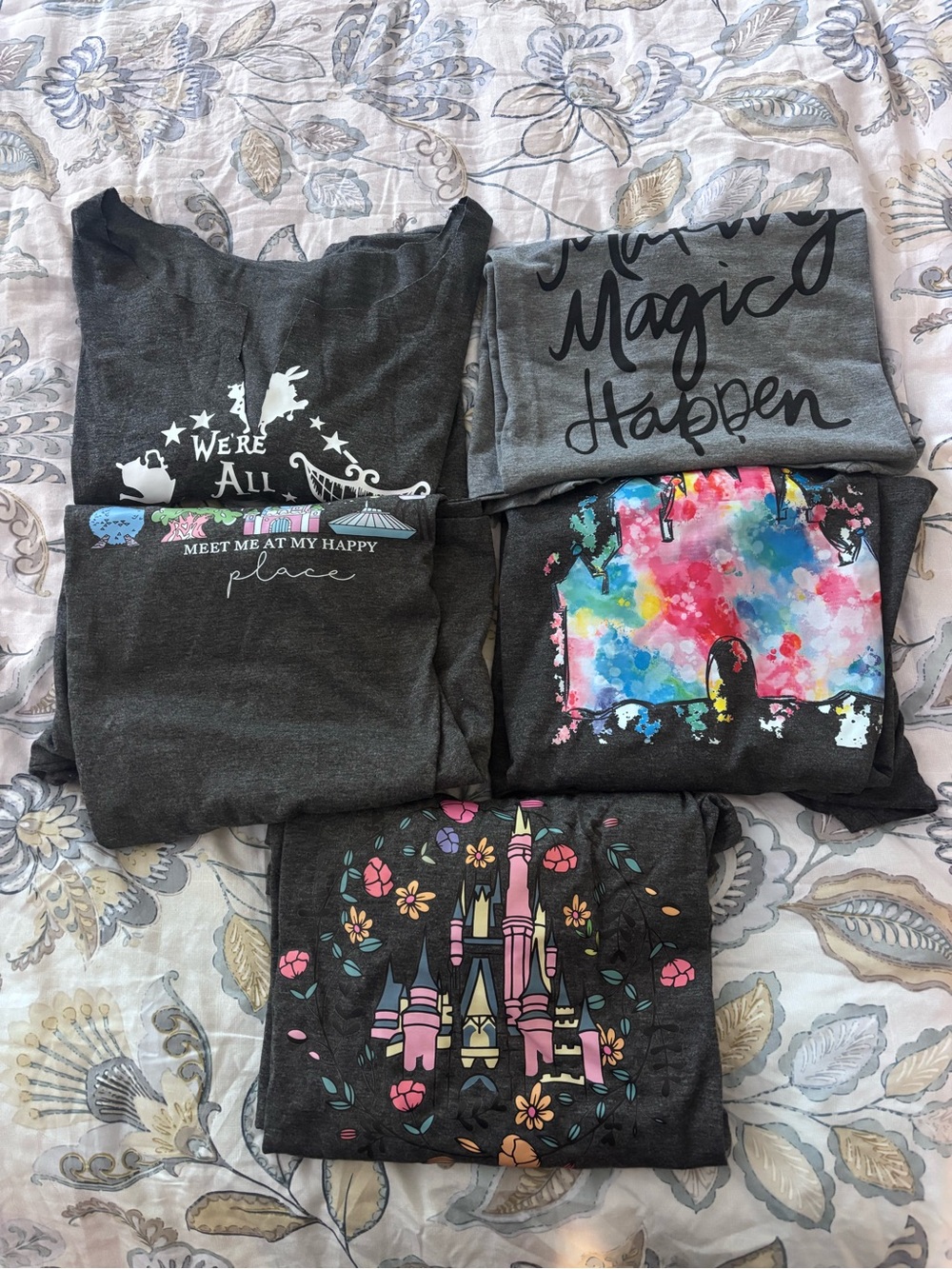 Women’s Short Sleeve Graphic Tee in Dark Gray with Colorful Castle Print